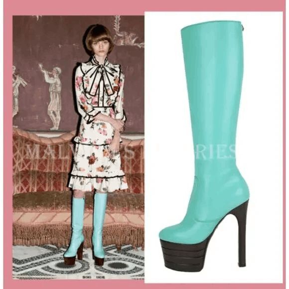 Gucci Aquamarine Teal Angel Feline Head Platform Knee High Zip Up Boot EU 36.5 - Picture 5 of 14